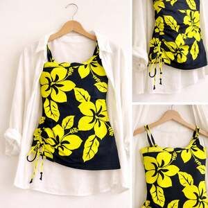 Hapari Tankini Top M Black Neon Yellow Hibiscus Ruched Side Swim Top